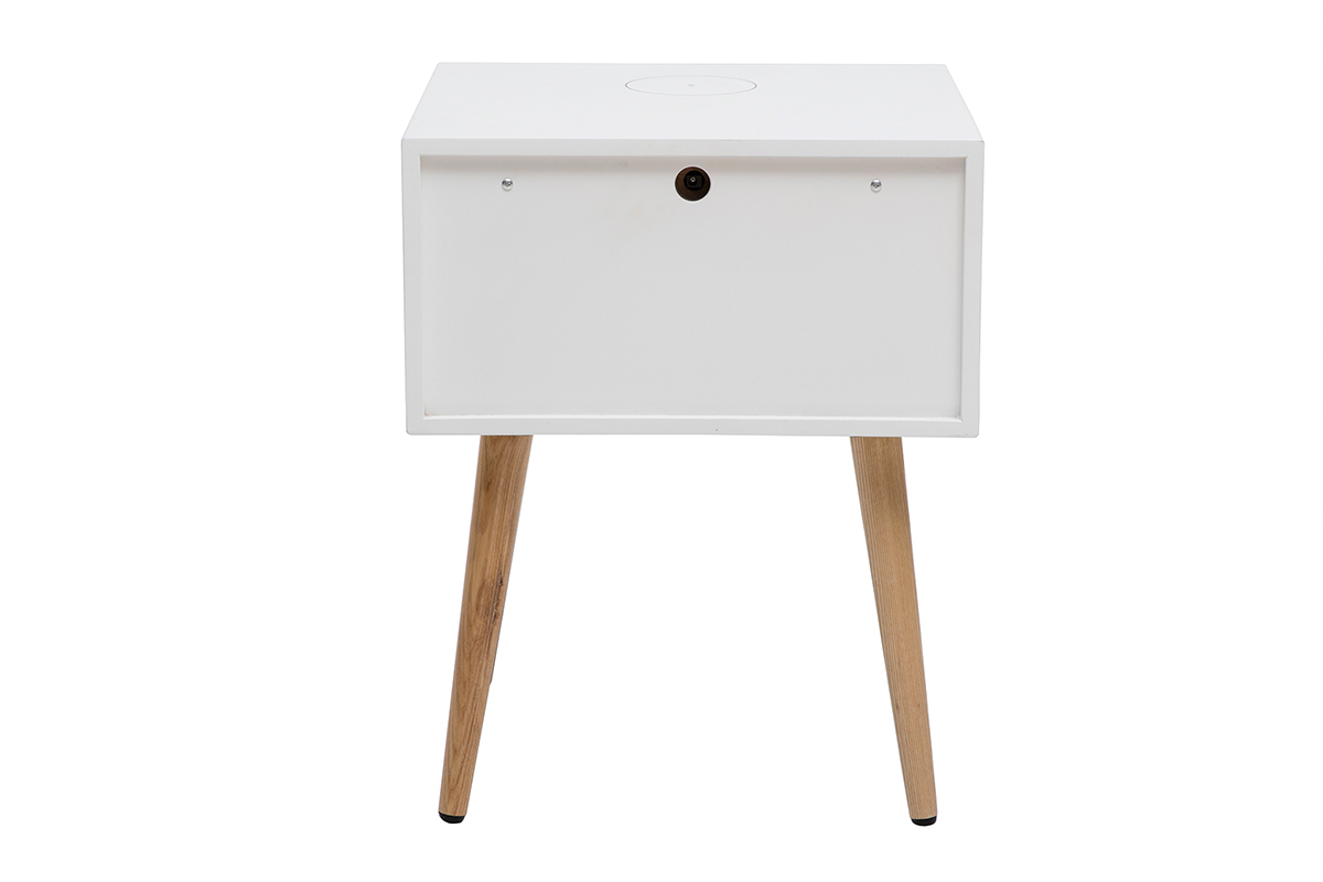 Table de chevet connecte multimdia blanc mat et bois clair massif L40 c PAVAN