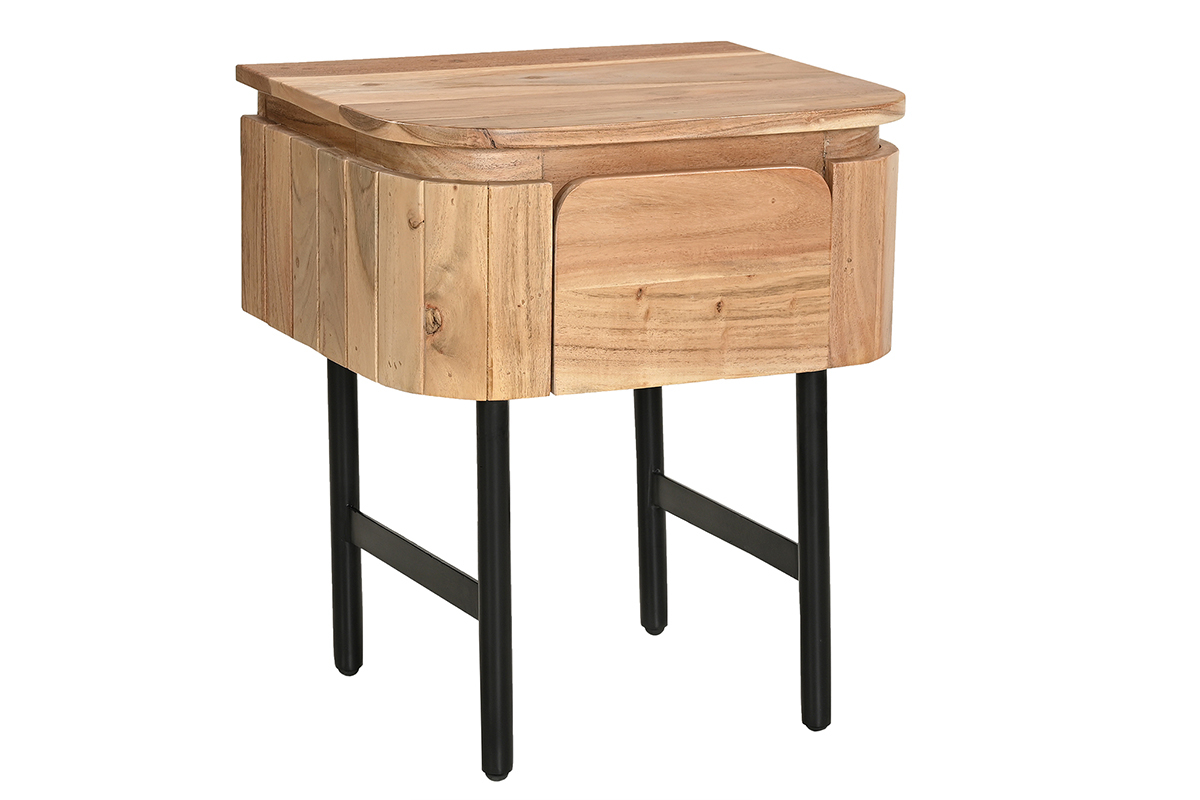 Table de chevet en bois massif et mtal noir avec tiroir L45 cm NAPOLI