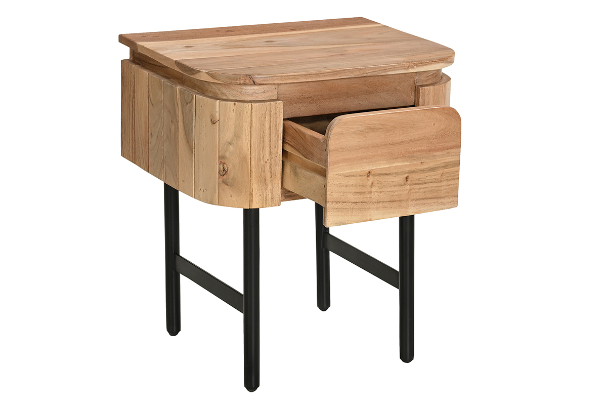 Table de chevet en bois massif et mtal noir avec tiroir L45 cm NAPOLI