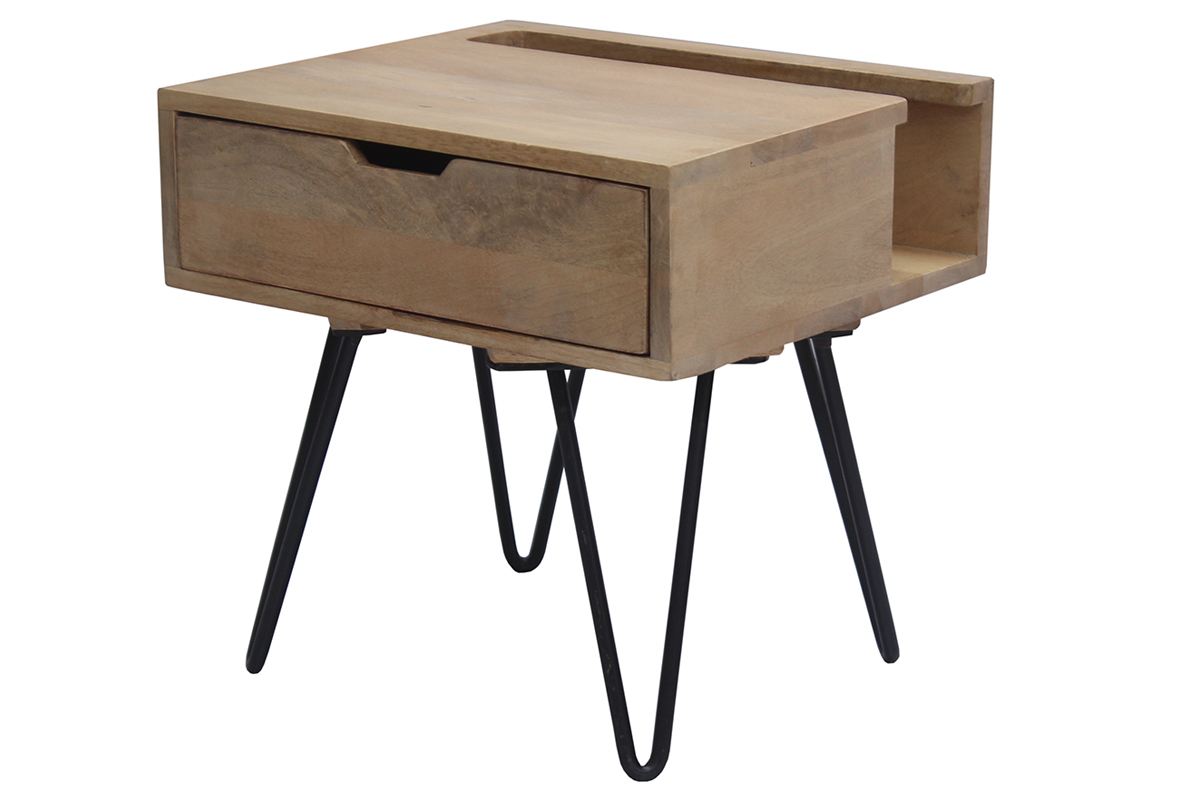 Table de chevet industrielle bois manguier massif et mtal noir VIBES