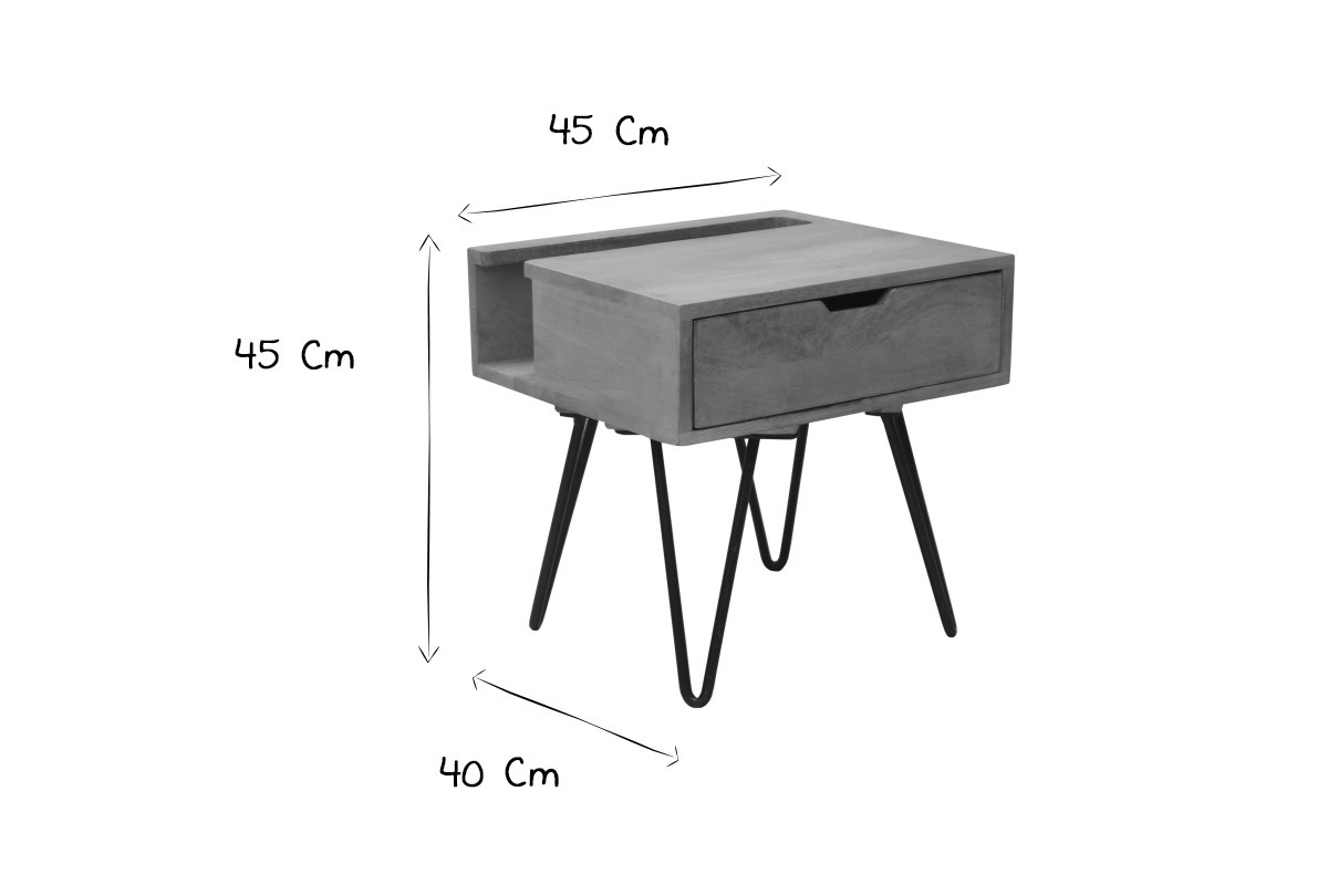 Table de chevet industrielle bois manguier massif et mtal noir VIBES