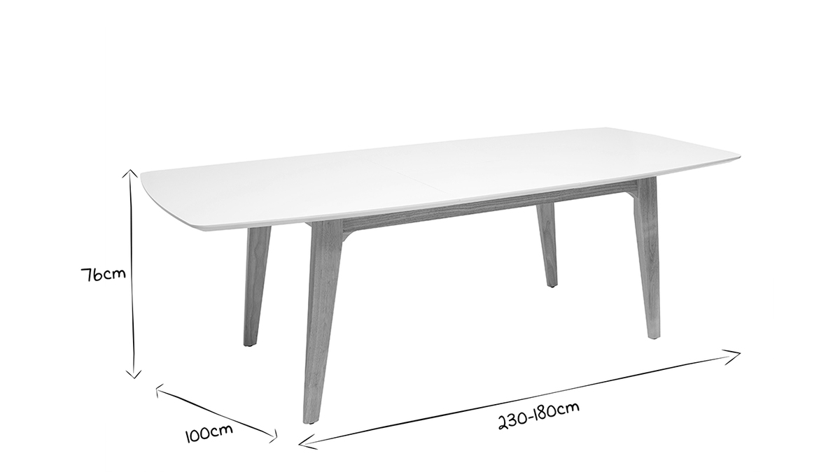 Table extensible rallonges intgres rectangulaire en bois blanc et clair chne L180-230 cm FIFTIES