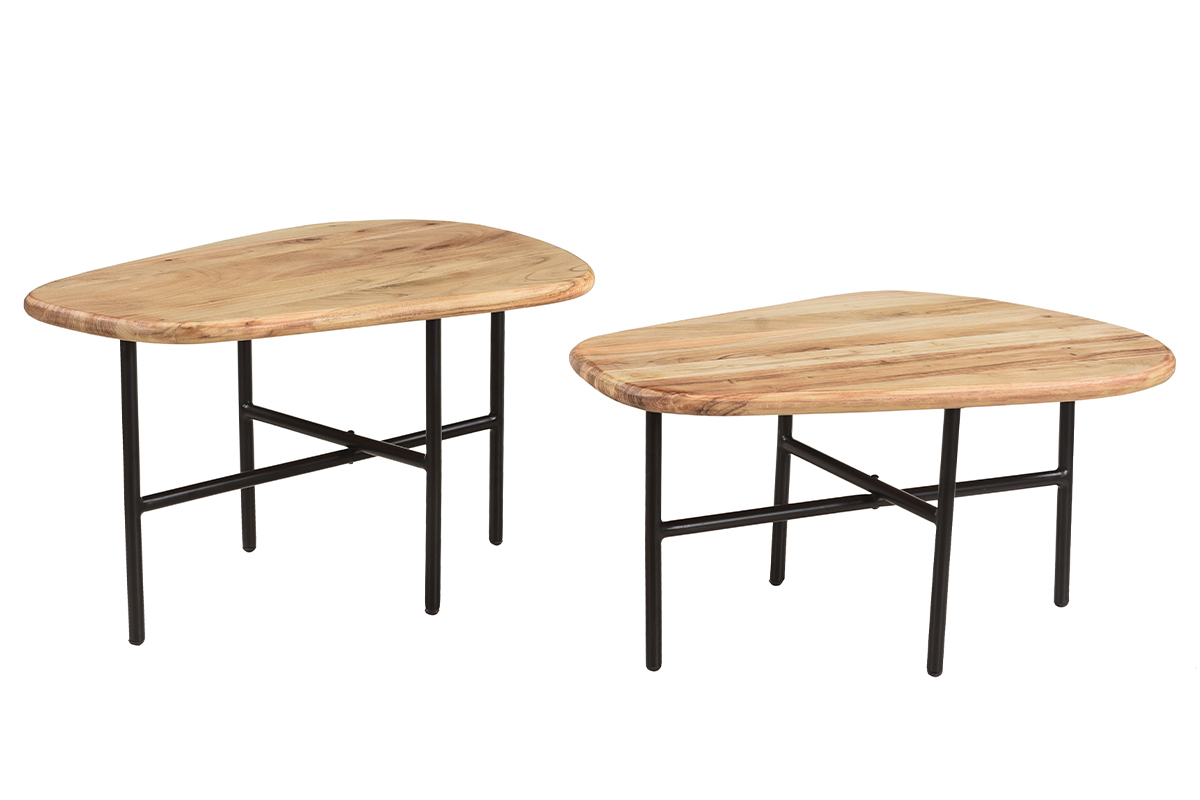 Tables basses gigognes bois clair massif et mtal noir (lot de 2) SUZANE