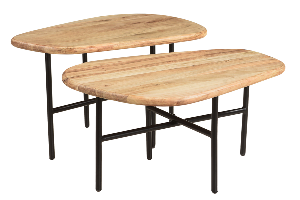 Tables basses gigognes bois clair massif et mtal noir (lot de 2) SUZANE