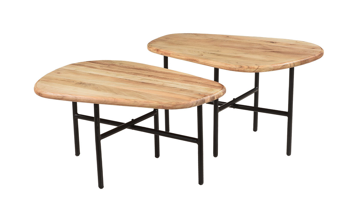 Tables basses gigognes bois clair massif et mtal noir (lot de 2) SUZANE