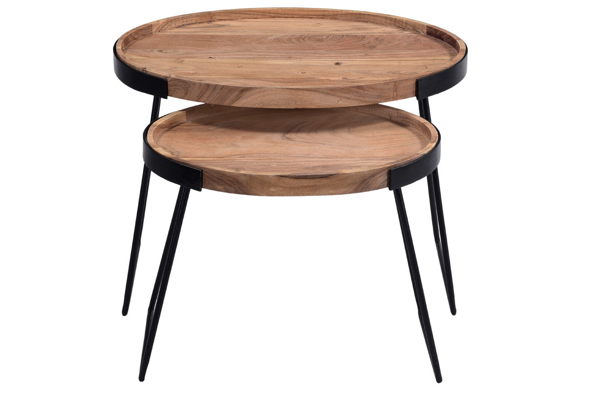 Tables basses gigognes bois massif et mtal noir (lot de 2) ELAVO