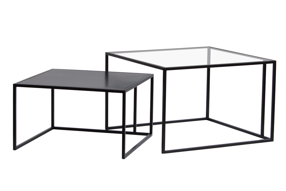 Tables basses gigognes carres design verre tremp et mtal noir (lot de 2) TAHL