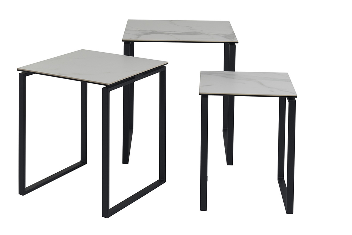 Tables basses gigognes design en cramique effet marbre blanc et mtal noir (lot de 3) STRESA