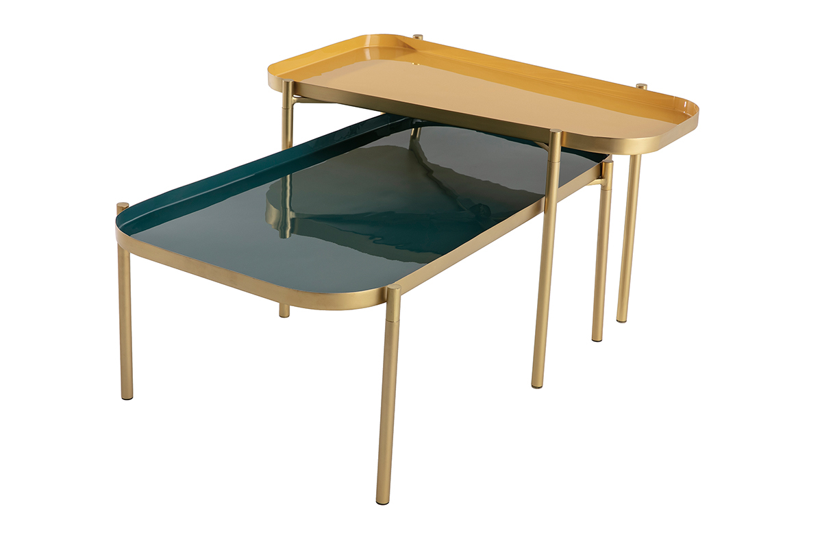 Tables basses gigognes design laques bleu, jaune et dor (lot de 2) ZURIA