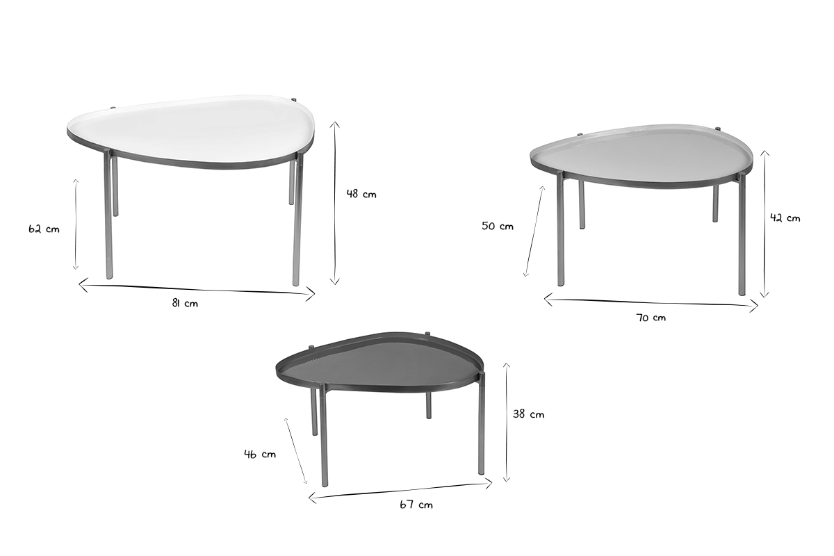 Tables basses gigognes laques blanc, gris et dor (lot de 3) ZURIA