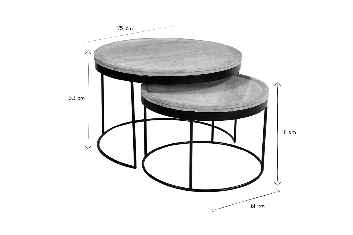 Tables basses gigognes rondes bois manguier massif et mtal noir (lot de 2) LEDGE