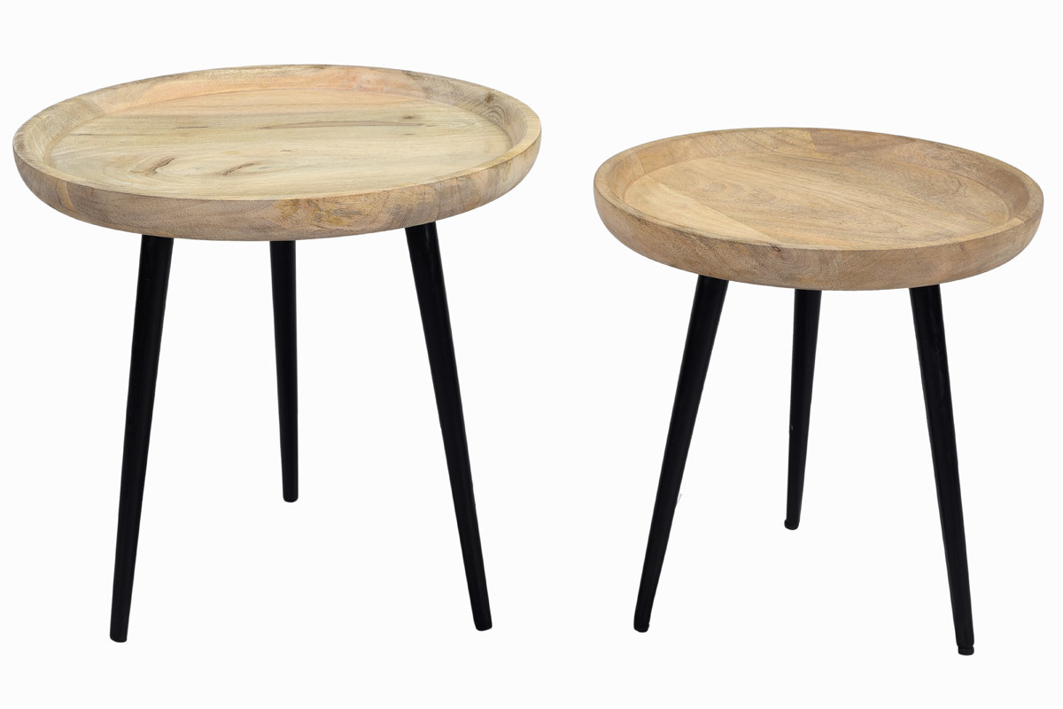 Tables basses gigognes rondes bois manguier massif et mtal noir (lot de 2) PYTA