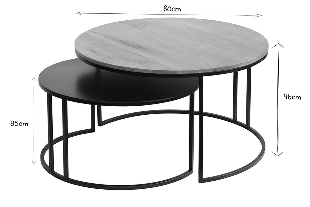 Tables basses gigognes rondes bois manguier massif et mtal noir (lot de 2) TAHL