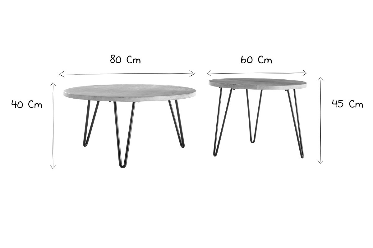 Tables basses gigognes rondes bois manguier massif et mtal noir (lot de 2) VIBES