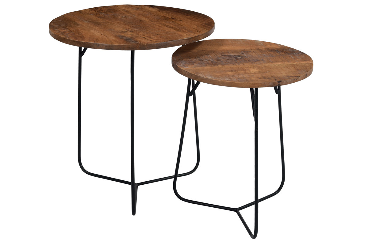 Tables basses gigognes rondes bois massif et mtal noir (lot de 2) AQUILA