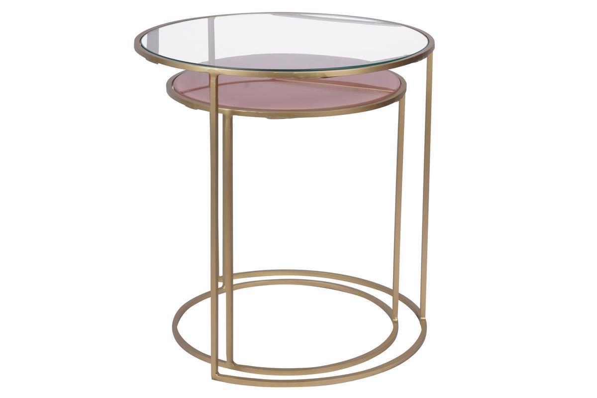 Tables d'appoint gigognes en verre teint rose et mtal dor (lot de 2) JANE