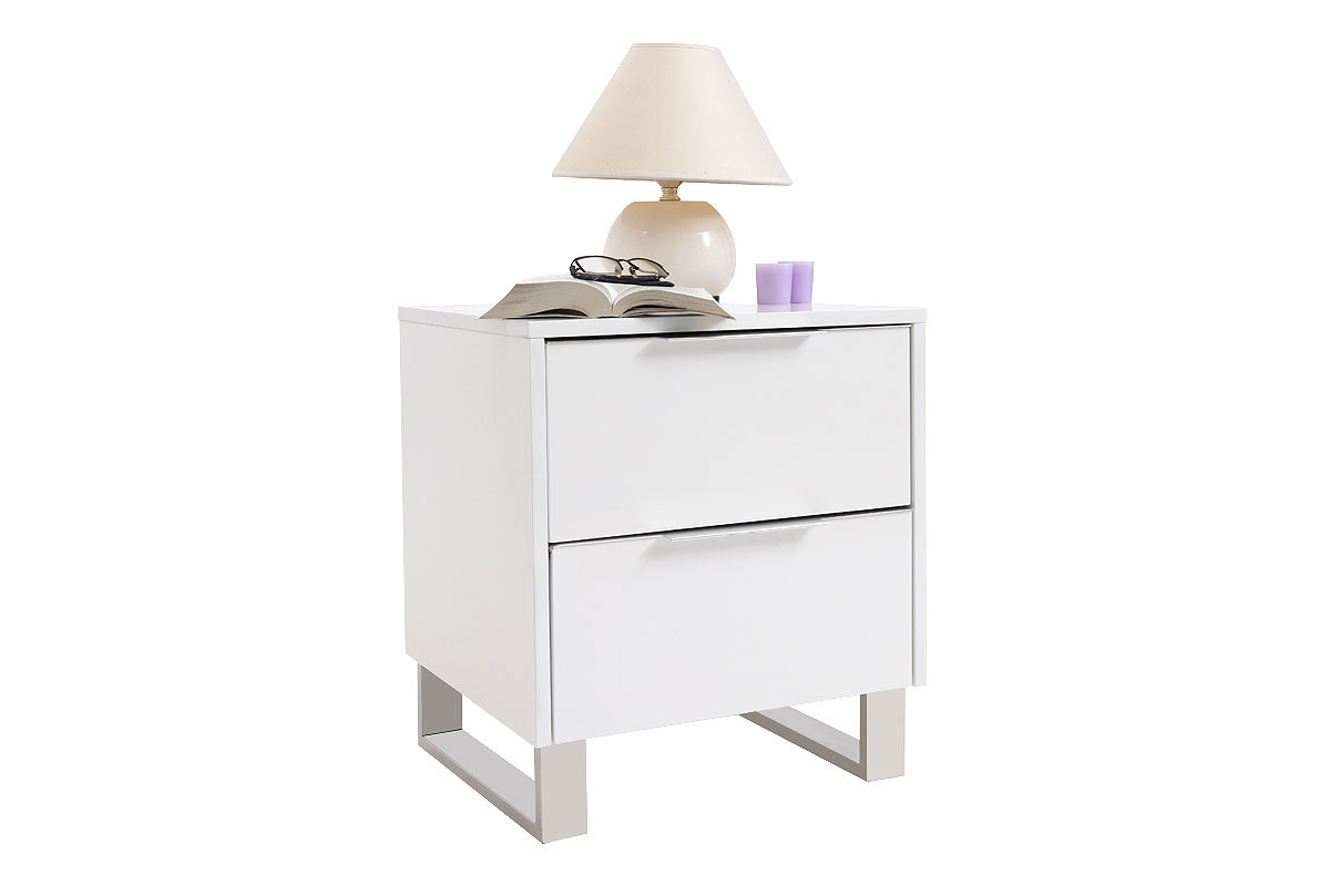 Tables de chevet design blanc laqu et mtal chrom L45 cm (lot de 2) HALIFAX