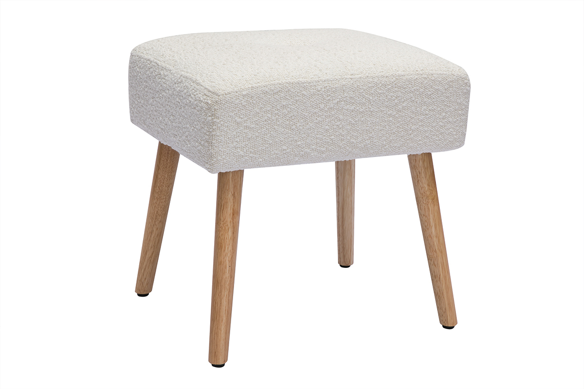 Tabouret bas en tissu effet laine boucle blanc et bois clair massif H46 cm GUESTA