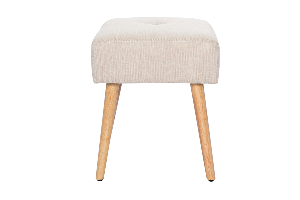 Tabouret bas en tissu effet velours textur beige et bois clair massif H46 cm GUESTA