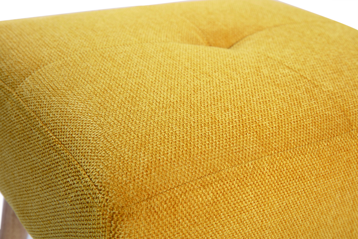 Tabouret bas en tissu effet velours textur jaune moutarde et bois clair massif H46 cm GUESTA