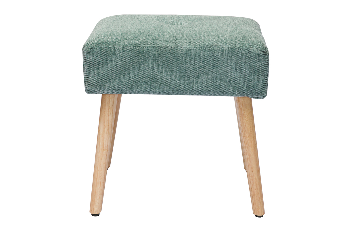 Tabouret bas en tissu effet velours textur vert cladon et bois clair massif H46 cm GUESTA