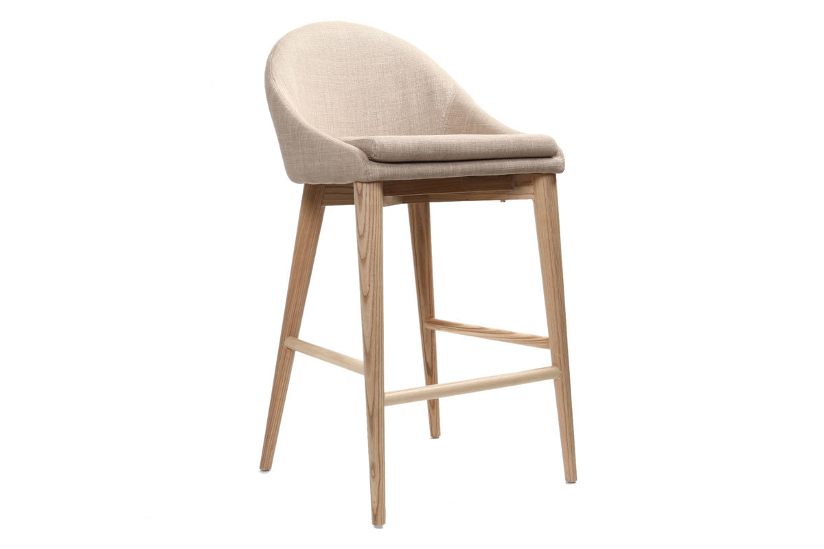 Tabouret de bar design en tissu beige et bois clair 65 cm DALIA