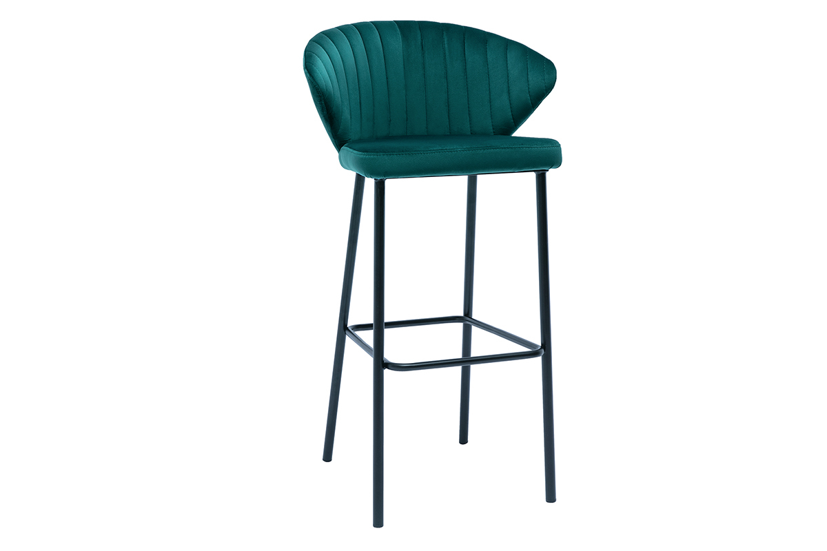 Tabouret de bar design en tissu velours gaufr bleu canard H78 cm DALLY