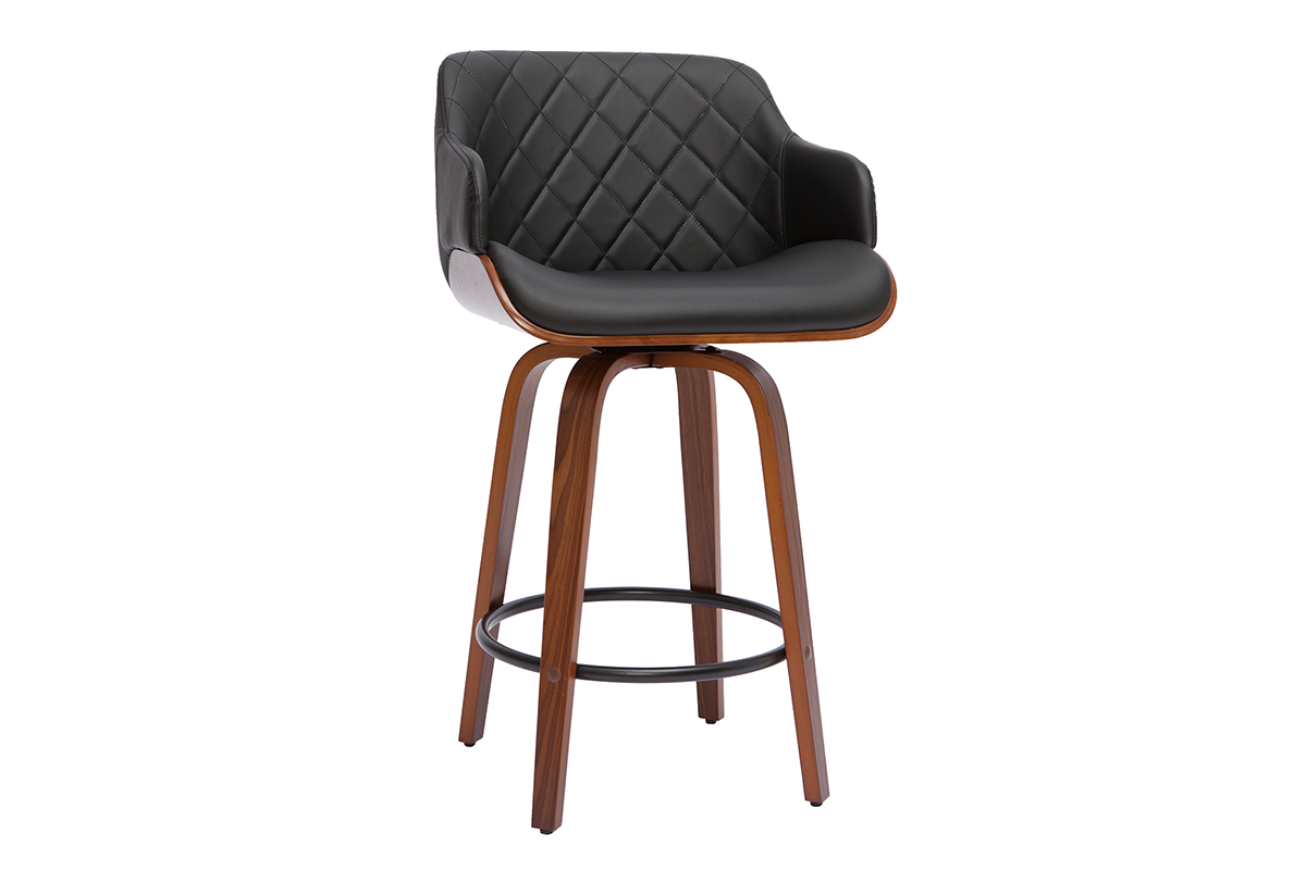 Tabouret de bar design pivotant 360 noir et bois fonc H65 cm LUCIEN