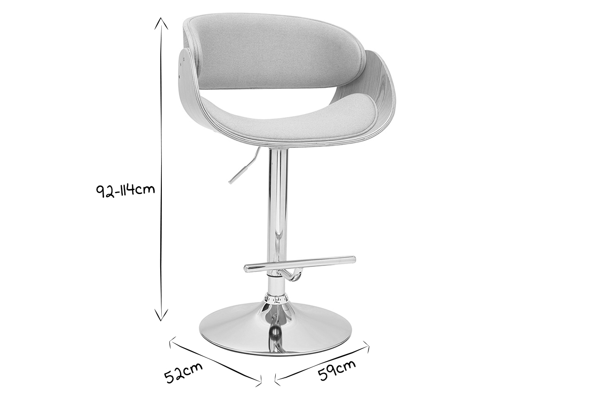 Tabouret de bar design rglable en tissu gris clair et bois clair BENT