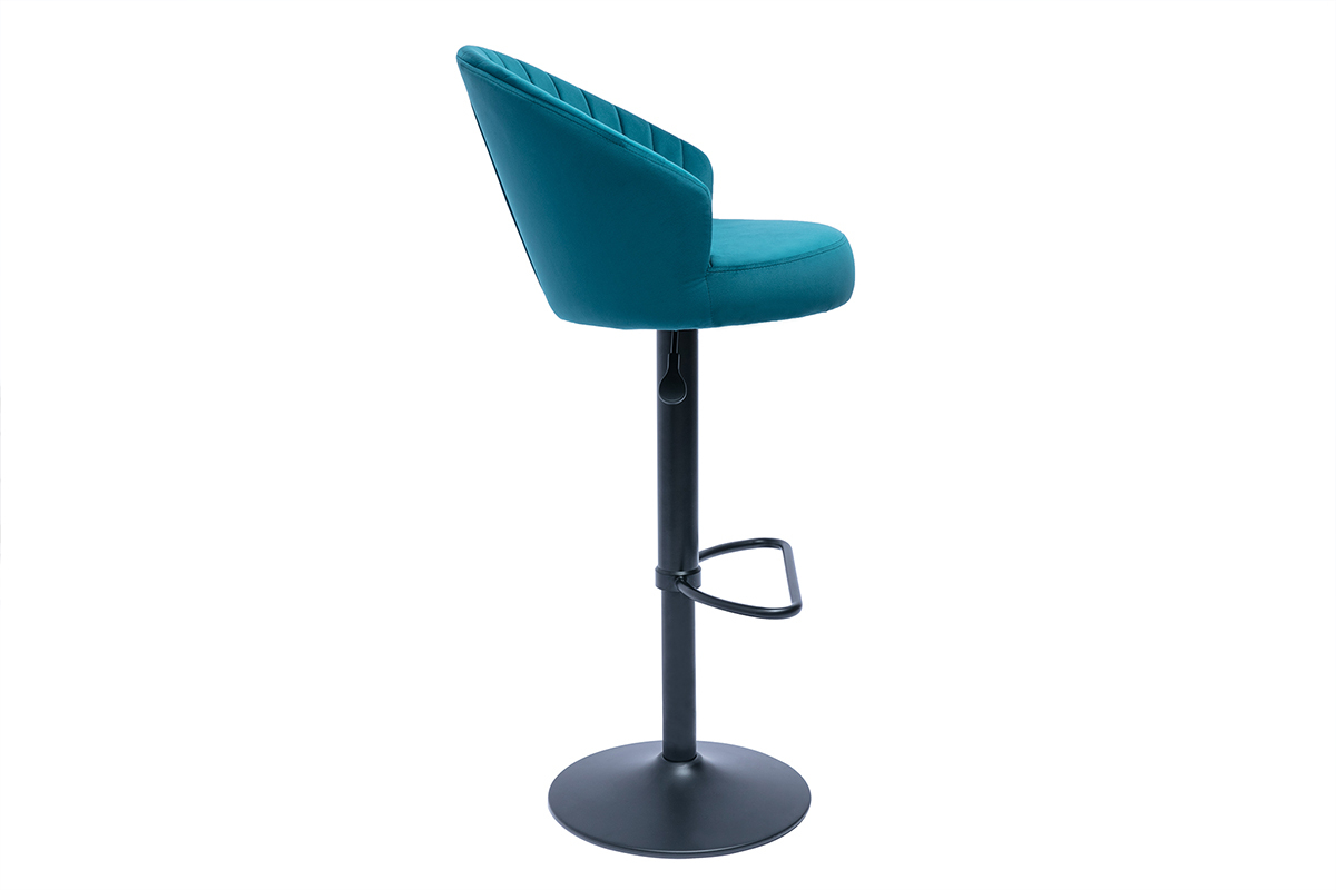 Tabouret de bar design rglable et pivotant en tissu velours gaufr bleu canard IZAAC