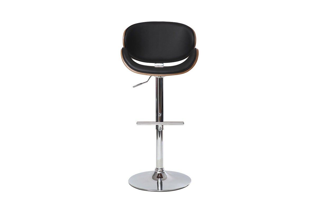 Tabouret de bar design rglable noir, bois fonc et mtal chrom WALNUT