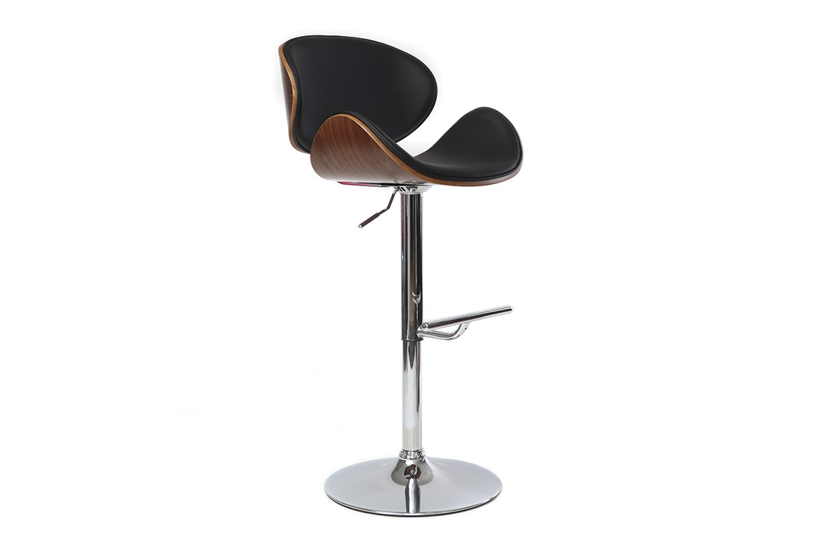 Tabouret de bar design rglable noir, bois fonc et mtal chrom WALNUT