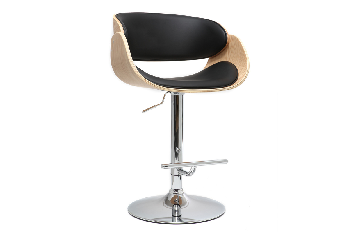 Tabouret de bar design rglable noir et bois clair BENT