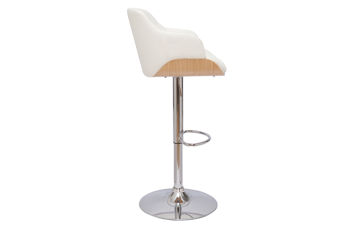 Tabouret de bar design rglable pivotant 360 blanc et bois clair LUCIEN