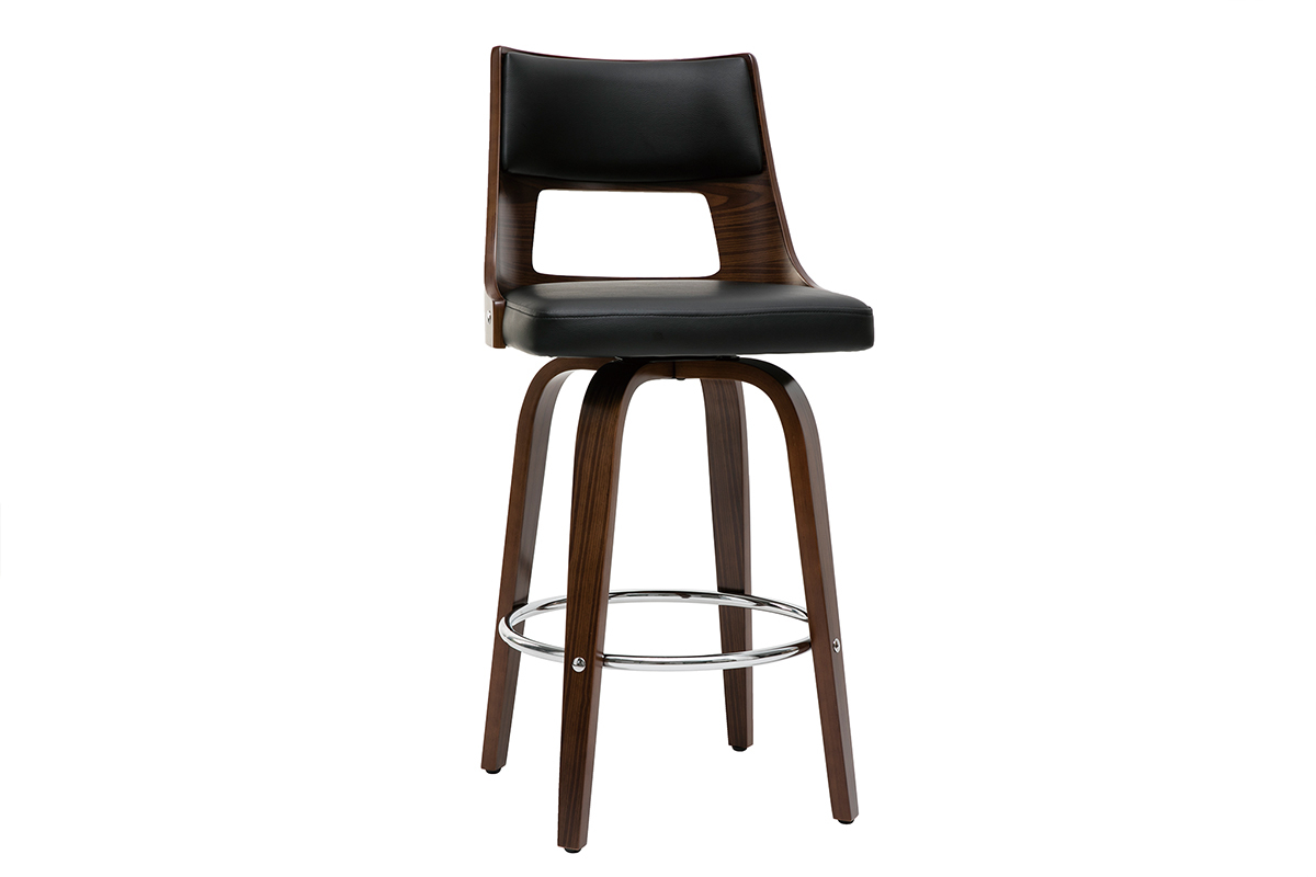 Tabouret de bar vintage pivotant noir et bois fonc GARBO