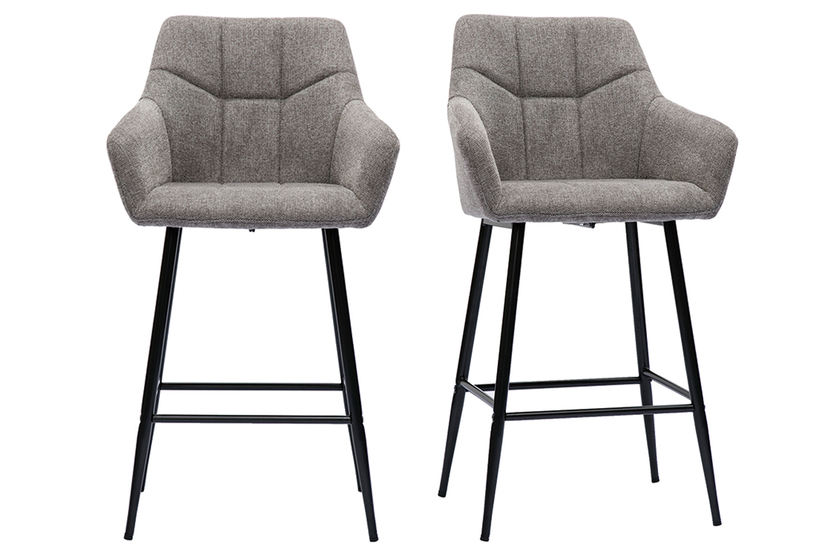 Tabourets de bar avec siges matelasss en tissu effet velours textur gris et mtal noir H65 cm (lot de 2) MONTERO