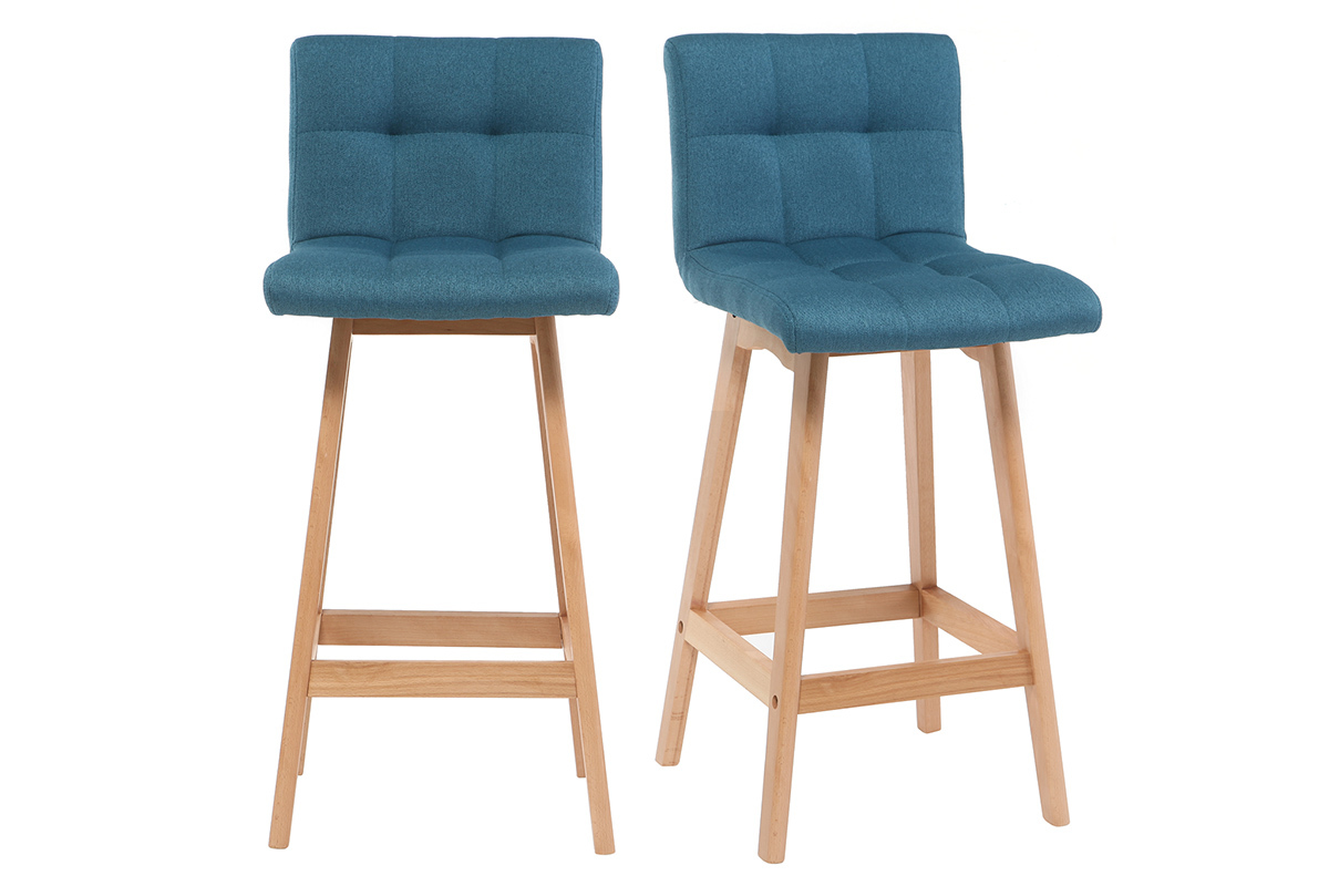 Tabourets de bar bois et bleu canard H65 cm (lot de 2) KLARIS