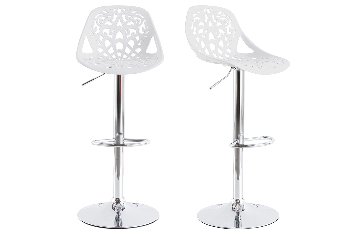 Tabourets de bar design avec motif baroque blanc (lot de 2) BAROCCA