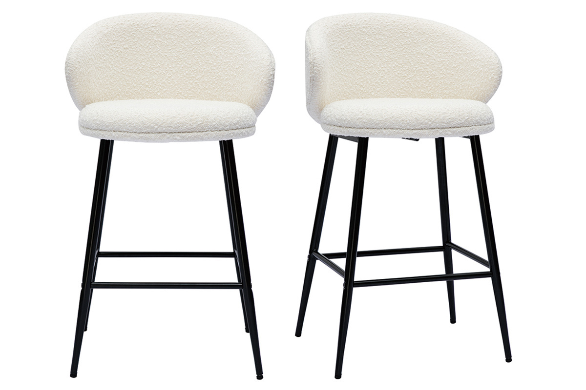 Tabourets de bar design en tissu effet laine boucle blanc cass et mtal noir H86 cm (lot de 2) ROSALIE