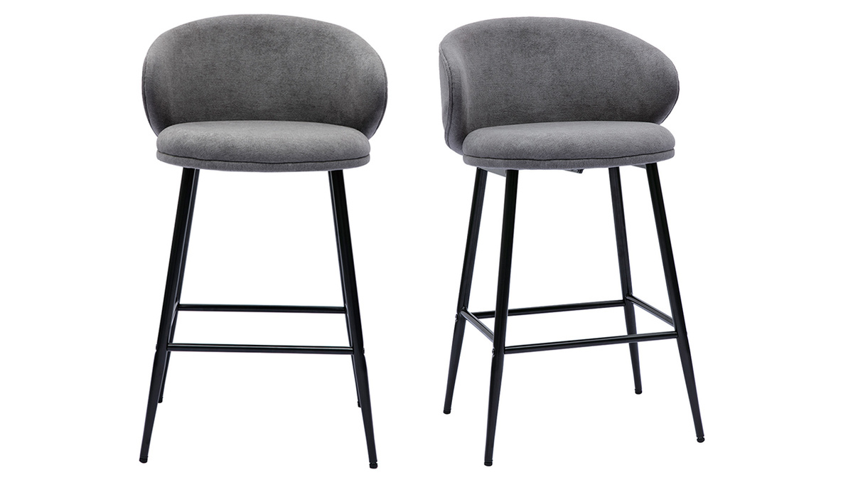 Tabourets de bar design en tissu effet velours gris et mtal noir (lot de 2) ROSALIE