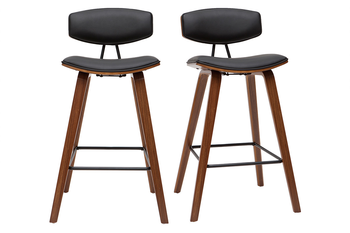 Tabourets de bar design noir et bois fonc H69 cm (lot de 2) VASCO