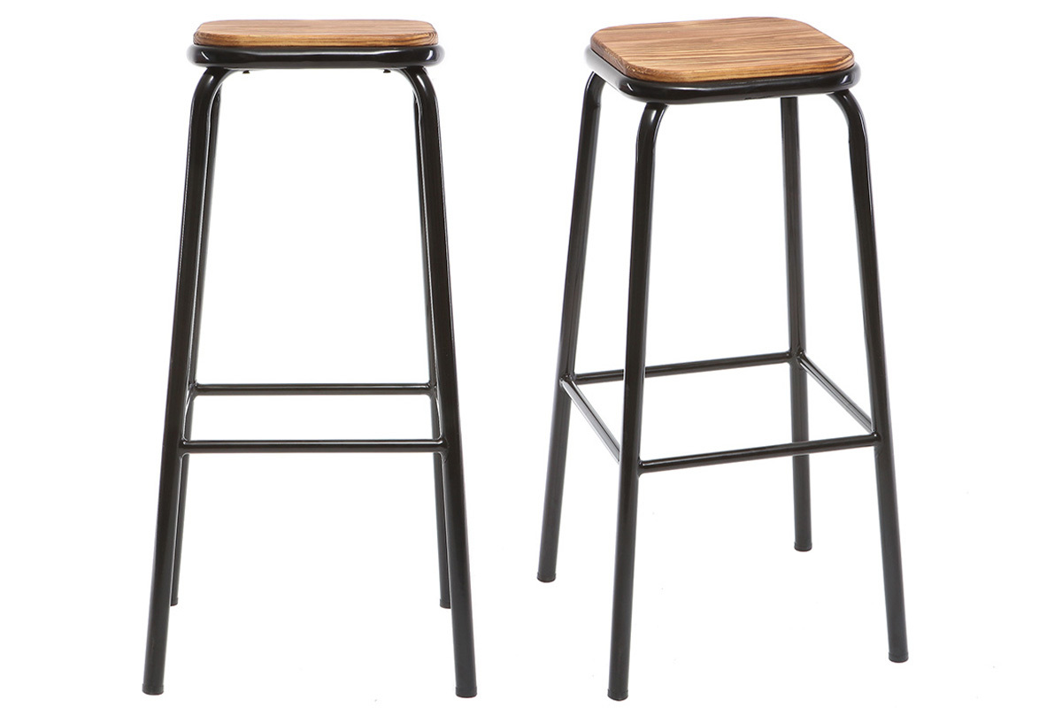 Tabourets de bar empilables noir et bois fonc H77.5 cm (lot de 2) MEMPHIS