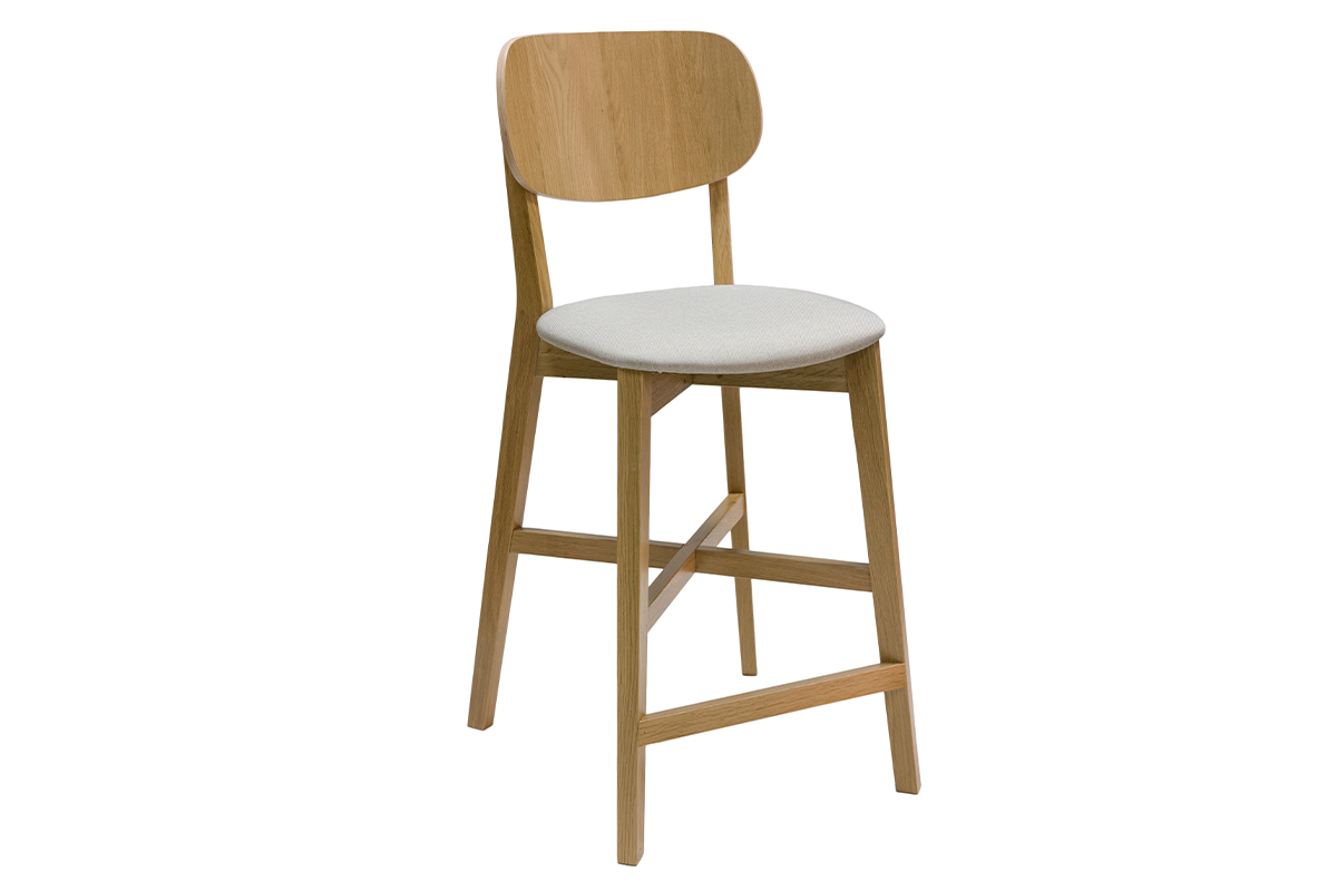 Tabourets de bar en bois clair chne et tissu beige H65 cm (lot de 2) LUCIA