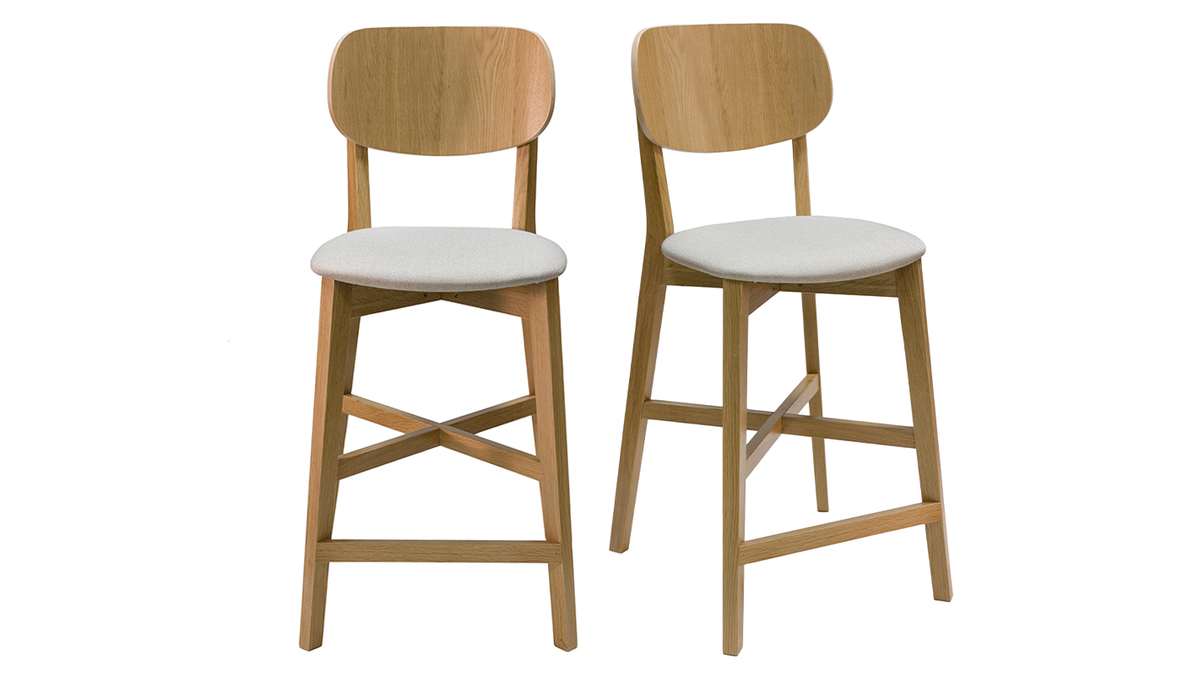 Tabourets de bar en bois clair chne et tissu beige H65 cm (lot de 2) LUCIA