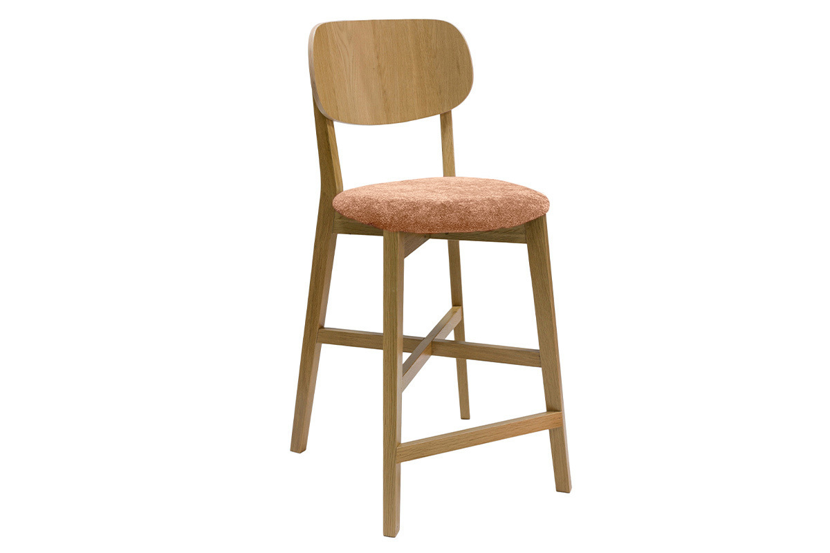 Tabourets de bar en bois clair chne et tissu effet velours terracotta H65 cm (lot de 2) LUCIA