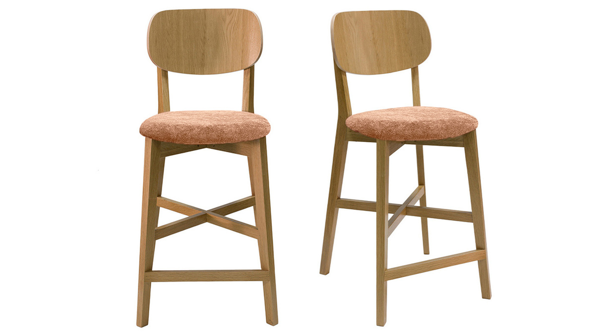 Tabourets de bar en bois clair chne et tissu effet velours terracotta H65 cm (lot de 2) LUCIA