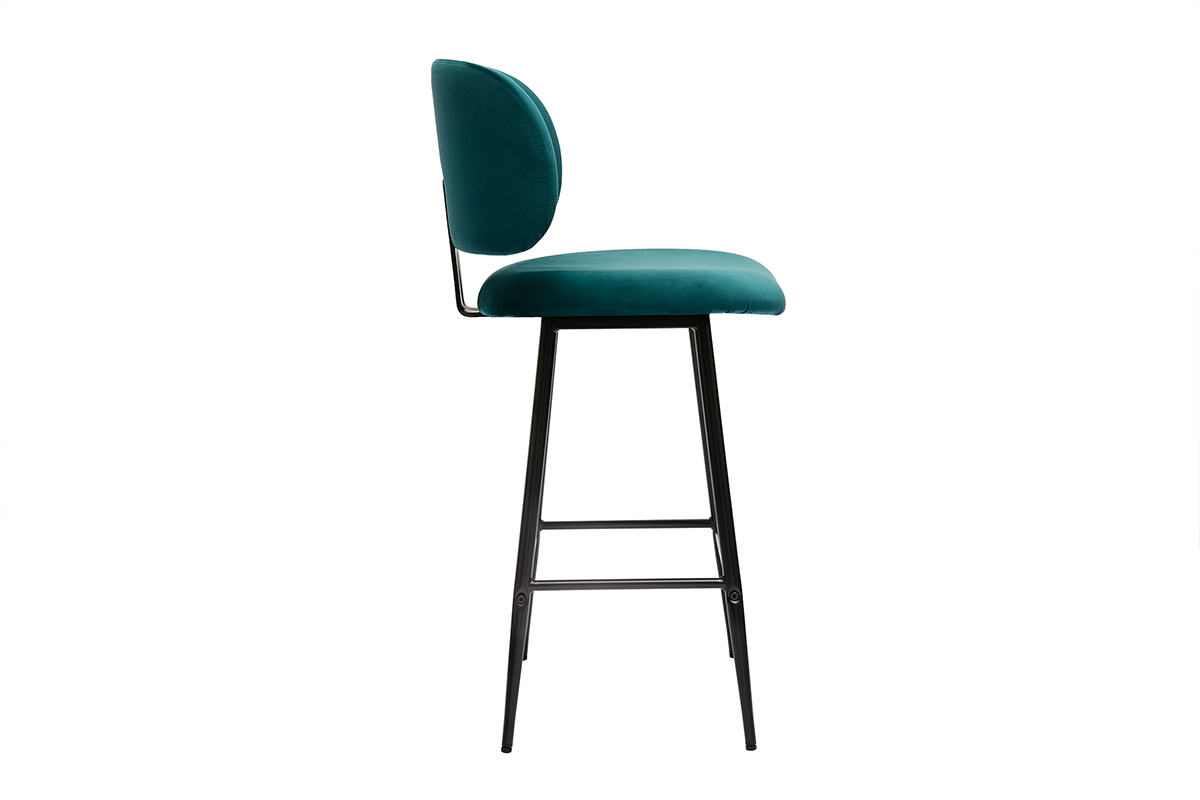 Tabourets de bar en tissu velours bleu ptrole et mtal noir H70 cm (lot de 2) ATRIUM