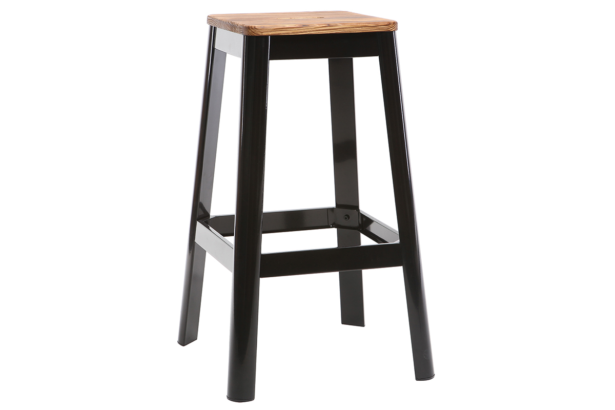 Tabourets de bar industriels en mtal noir et bois H75 cm (lot de 2) NICK