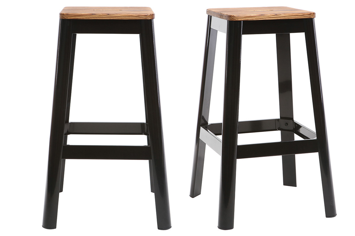 Tabourets de bar industriels en mtal noir et bois H75 cm (lot de 2) NICK