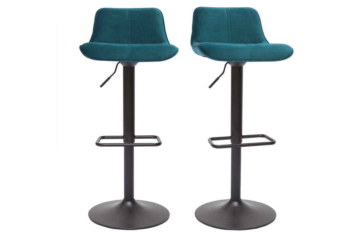 Tabourets de bar rglables pivotants 360 en tissu velours bleu ptrole et mtal noir (lot de 2) BOOST